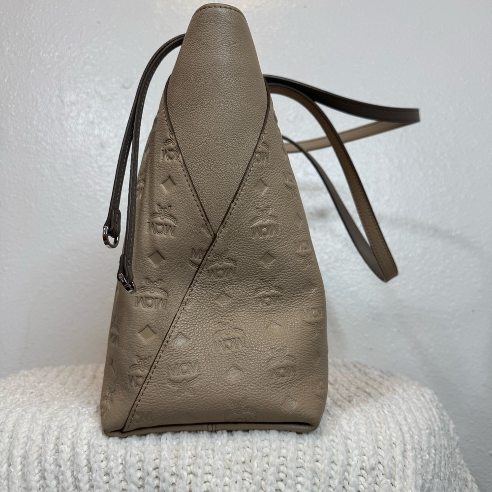 MCM Beige/Tan Logo Embossed Leather Tote - Picture 6 of 14